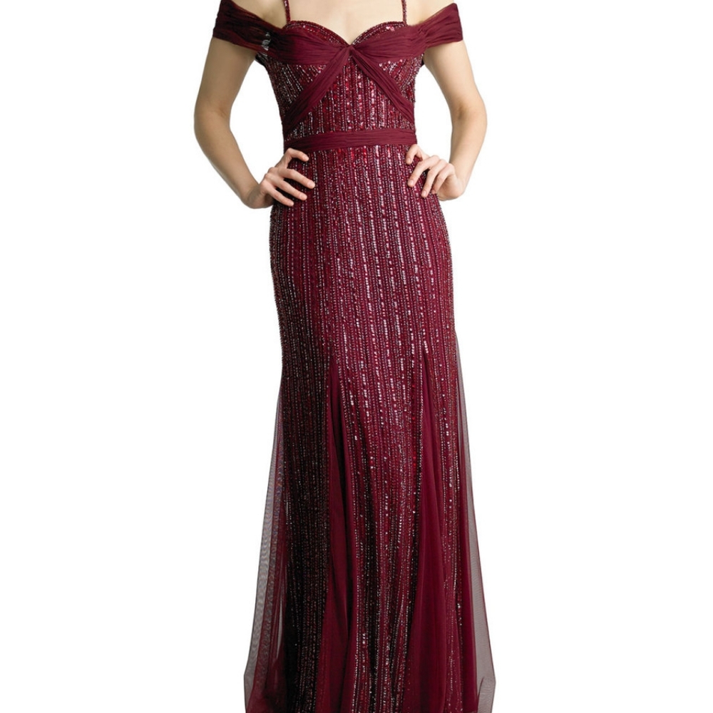 Sequin Cold-Shoulder Godet Column Gown